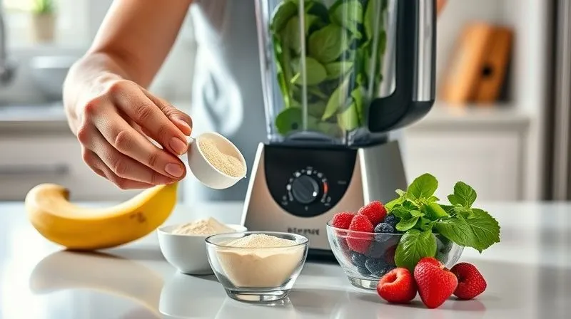 Photorealistic, professional photography, 8K, cinematic lighting, sharp focus, depth of field, shot on a high-end DSLR. A person's hands carefully measuring ingredients for a healthy smoothie: a single banana, a scoop of protein powder, a handful of spinach, and a few berries being added to a blender. The kitchen counter is clean and organized, emphasizing a mindful and controlled approach to preparation. The lighting is bright and inviting, highlighting the fresh ingredients.