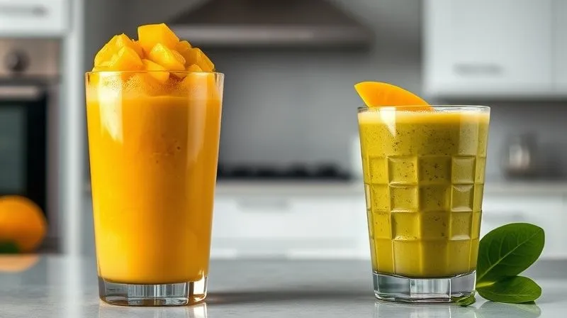 A photorealistic, professional photography, 8K, cinematic lighting, sharp focus, depth of field, shot on a high-end DSLR, showing two glasses side-by-side. One is an overflowing, large glass of a vibrant yellow mango smoothie, garnished excessively. The other is a smaller, modest glass of a slightly greener mango smoothie, indicating added vegetables, with a single, perfectly sliced mango piece and a few spinach leaves beside it, conveying balance and portion control. The background is a clean, modern kitchen counter.