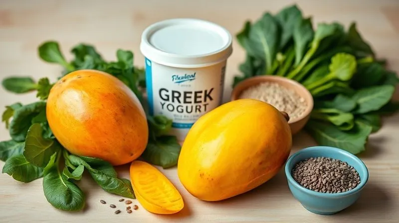 A professional, photorealistic photography, 8K, cinematic lighting, sharp focus, depth of field, shot on a high-end DSLR, showcasing a vibrant array of fresh, healthy ingredients laid out artfully on a light wooden surface. Visible are a perfectly ripe mango, a handful of fresh spinach, a container of plain Greek yogurt, a scoop of protein powder, and a small bowl of chia seeds. The composition emphasizes balance and natural goodness, with soft, natural lighting.