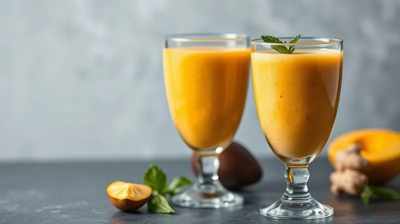 A professional, photorealistic photography, 8K, cinematic lighting, sharp focus, depth of field, shot on a high-end DSLR, featuring three distinct, beautifully presented mango smoothies in clear, elegant glasses. Each smoothie has a slightly different color hue (e.g., one with more green from spinach, one creamier from avocado, one brighter from ginger), garnished with a subtle, relevant ingredient like a mint sprig or a few chia seeds. The overall impression is one of healthy variety and delicious, balanced nutrition, set on a bright, minimalist background.