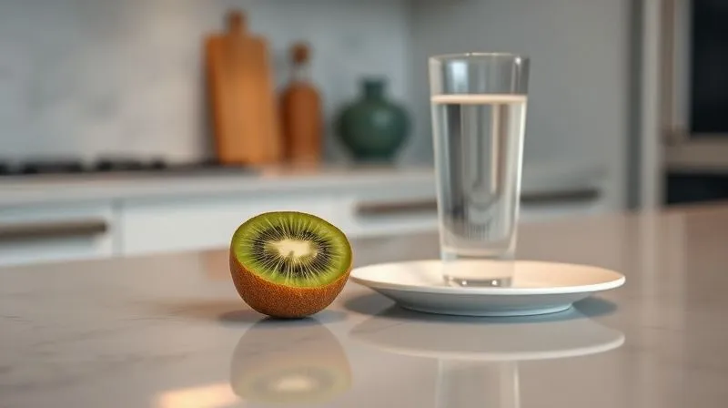 Photorealistic image of a single kiwi fruit and a glass of plain water on a minimalist kitchen counter, with an empty plate next to it, symbolizing insufficient meal. Cinematic lighting, sharp focus, depth of field, 8K, professional photography, shot on a high-end DSLR.