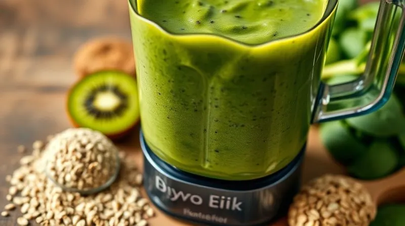 Photorealistic, professional photography of a blender filled with a thick, creamy green smoothie, with visible chunks of kiwi, chia seeds, and spinach. A scoop of protein powder and a handful of oats are next to it. Cinematic lighting, sharp focus, depth of field, 8K, shot on a high-end DSLR.