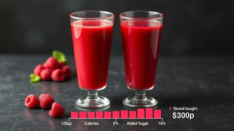 A comparison infographic, photorealistic, showing two glasses: one with homemade raspberry juice and one with store-bought raspberry juice. The homemade juice glass has a small pile of fresh raspberries next to it, implying the quantity used. The store-bought juice glass has a subtle label indicating 'added sugar'. Below them, a simplified bar chart illustrating calorie and sugar content differences. Cinematic lighting, sharp focus, 8K hyper-detailed, professional photography.