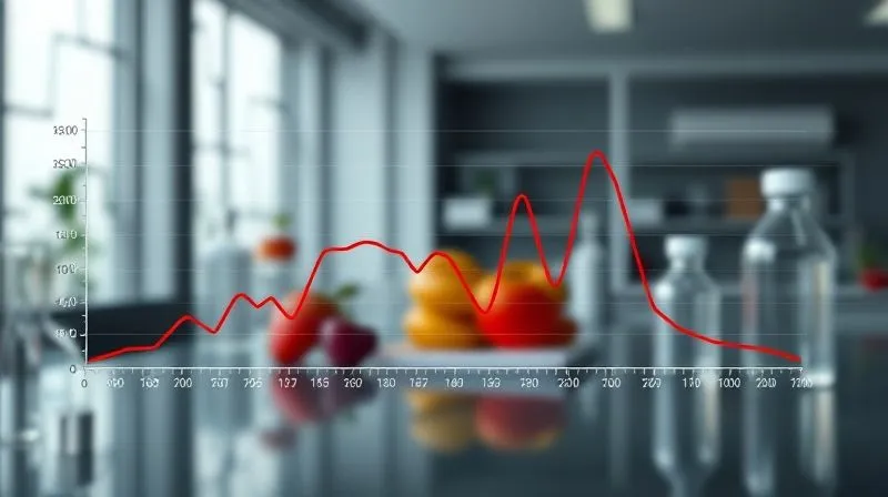 A photorealistic scientific graph illustrating blood sugar spikes. One line (for whole fruit) shows a gentle, gradual curve, while another line (for fruit juice) shows a sharp, high peak followed by a rapid drop. The background is a subtle, modern laboratory setting. Cinematic lighting, sharp focus on the graph, depth of field blurring the background, 8K hyper-detailed, professional photography.
