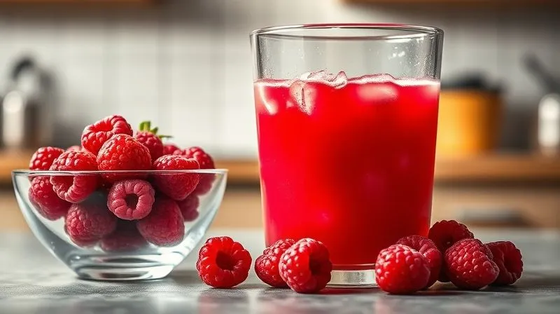 A photorealistic still life image showing a large, overflowing glass of vibrant raspberry juice next to a small, elegant bowl containing only a handful of fresh, whole raspberries. The contrast highlights the disparity in quantity. Cinematic lighting, sharp focus on both elements, depth of field blurring a subtle kitchen background, 8K hyper-detailed, professional photography.