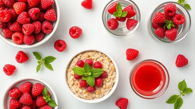 A photorealistic flat lay image showcasing various healthy uses of raspberries: a bowl of fresh raspberries, a glass of water with a few raspberries and mint, a small bowl of oatmeal topped with raspberries and nuts, and a small, diluted glass of raspberry juice. All elements are fresh and vibrant. Cinematic lighting, sharp focus, 8K hyper-detailed, professional photography.