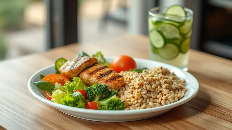 A photorealistic, professional photography image of a balanced meal plate, half filled with lean protein (grilled chicken or fish) and half with colorful vegetables and whole grains, next to a small glass of clear cucumber juice. Cinematic lighting, sharp focus on the meal, depth of field blurring the background, 8K hyper-detailed, shot on a high-end DSLR.