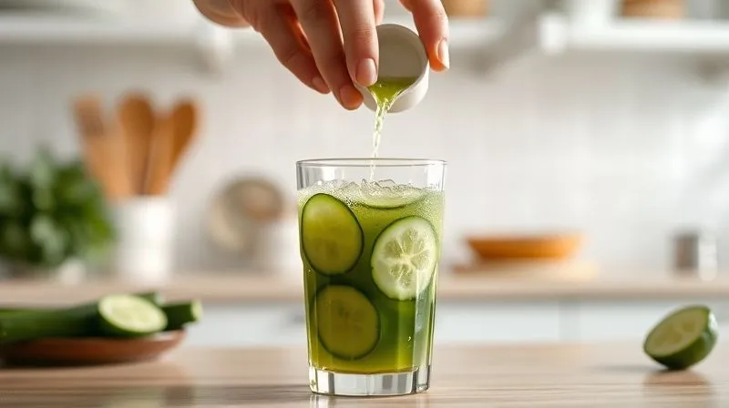 A close-up, photorealistic, professional photography shot of a hand gently pouring freshly squeezed cucumber juice into a stylish glass. The background is a clean, bright kitchen, with a subtle blur, emphasizing the freshness and simplicity of the preparation. Cinematic lighting, sharp focus on the pouring action and juice, depth of field, 8K hyper-detailed, shot on a high-end DSLR.