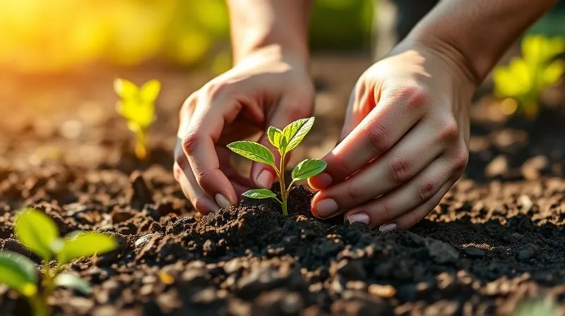 A photorealistic image of a person's hands planting a small, vibrant green seedling in rich soil, symbolizing sustainable growth and long-term commitment. The background is a gently blurred, sunlit garden. Cinematic lighting, sharp focus on the hands and seedling, depth of field, 8K hyper-detailed, shot on a high-end DSLR.