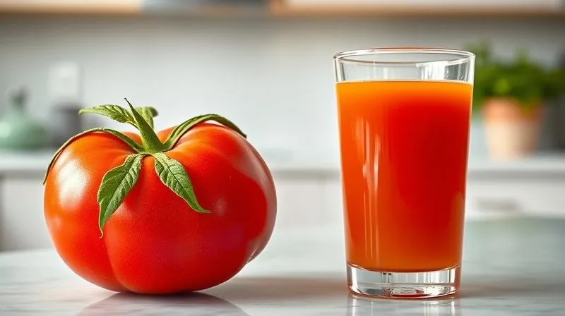 A photorealistic side-by-side comparison. On the left, a vibrant, whole ripe red tomato with a few green leaves. On the right, a clear glass of smooth, filtered tomato juice. Both are placed on a clean, minimalist kitchen counter with soft, natural lighting. Sharp focus on both items, depth of field blurring the background, 8K hyper-detailed, professional photography, shot on a high-end DSLR.