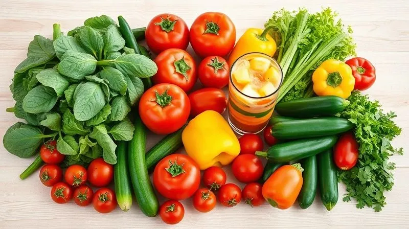A photorealistic, vibrant spread of various fresh, colorful vegetables and fruits arranged artfully on a light wooden table, including whole tomatoes, spinach, cucumbers, bell peppers, and celery. A small, clear glass of mixed vegetable juice is subtly placed among them. Professional photography, 8K, cinematic lighting, sharp focus, depth of field, shot on a high-end DSLR, emphasizing freshness and diversity.