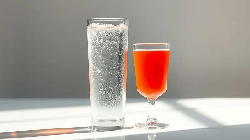 A photorealistic, elegant shot contrasting a tall, clear glass of pure, sparkling water with a condensation-covered surface next to a slightly smaller, vibrant red glass of tomato juice. Both are on a minimalist white surface with soft, natural light, emphasizing clarity and freshness. Sharp focus on both glasses, depth of field blurring a subtle background, 8K hyper-detailed, professional photography, shot on a high-end DSLR.
