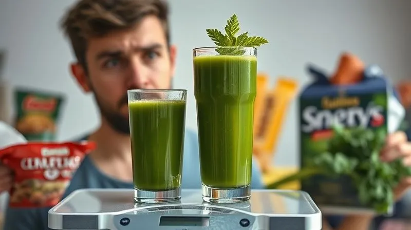 A photorealistic image of a person looking frustrated at a weighing scale, with a glass of green celery juice next to it, surrounded by unhealthy snacks in the blurred background, cinematic lighting, sharp focus on the person and juice, depth of field, 8K hyper-detailed, shot on a high-end DSLR.