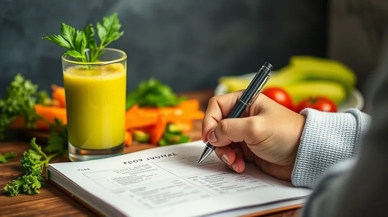 A photorealistic, professional photography of a person meticulously filling out a food journal, with a fresh glass of celery juice and a plate of healthy, colorful food in the background, cinematic lighting, sharp focus on the journal, depth of field, 8K hyper-detailed, shot on a high-end DSLR.