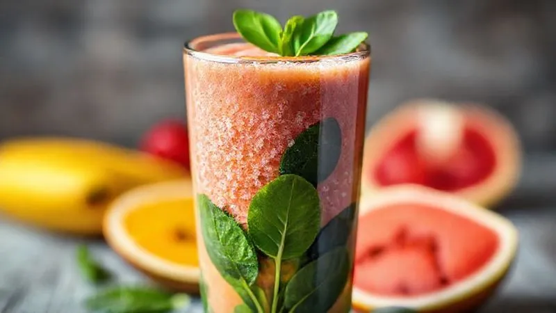 A photorealistic image of a vibrant tropical smoothie in a clear glass, but half of the glass is filled with sugar crystals, visually representing the hidden sugar content. The other half shows healthy fruit and spinach. Cinematic lighting, sharp focus on the sugar crystals, depth of field, 8K, professional photography.