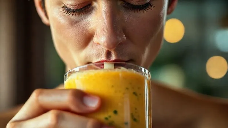 A photorealistic close-up of a person slowly sipping a tropical smoothie through a straw, with a thoughtful, almost meditative expression. The background is slightly blurred, focusing on the act of conscious consumption. Cinematic lighting, sharp focus, depth of field, 8K, professional photography.