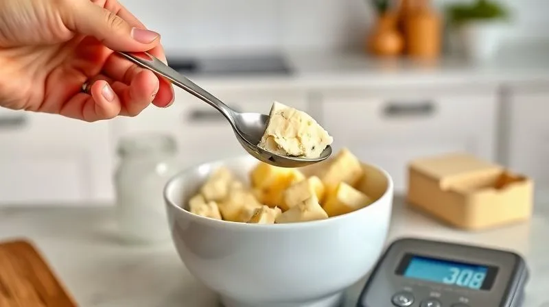 A hand holding a measuring spoon over a bowl of cottage cheese, with a digital kitchen scale showing an exact, controlled portion. The background is a clean, modern kitchen, photorealistic, professional photography, 8K, cinematic lighting, sharp focus, depth of field, shot on a high-end DSLR.