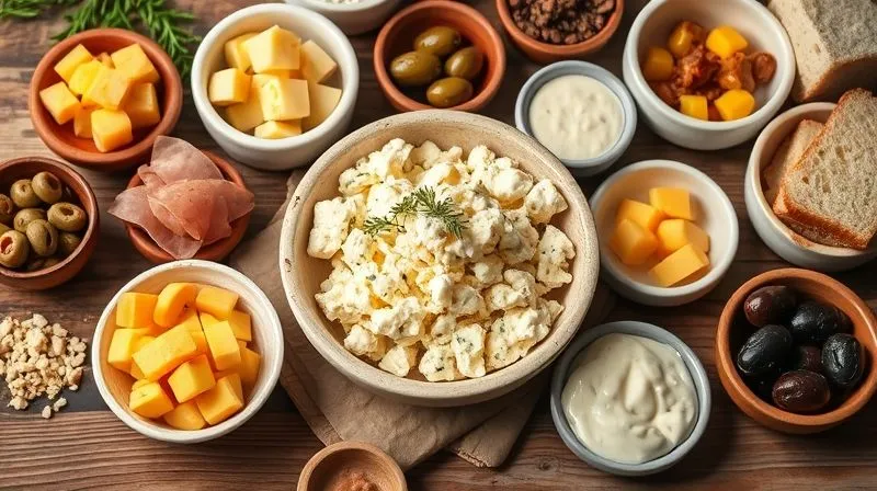 A visually appealing, professional photography spread on a rustic wooden table featuring a bowl of cottage cheese in the center, surrounded by various small bowls containing common additions like slices of cured ham, yellow cheese cubes, a dish of olives, a small bowl of creamy sauce, and a few slices of white bread. The lighting is cinematic, sharp focus on the food, shallow depth of field, 8K, shot on a high-end DSLR, conveying a sense of abundance that might be misleading for a diet.