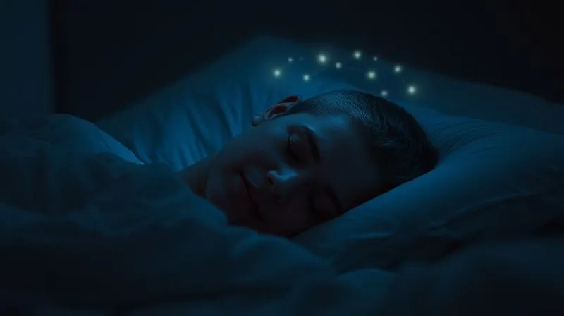 A person sleeping peacefully in a dimly lit, cozy bedroom. Subtle, ethereal light surrounds their head, symbolizing active brain and body regeneration during sleep. The scene is calm and serene, photorealistic, professional photography, 8K, cinematic lighting, sharp focus, depth of field, shot on a high-end DSLR, conveying a sense of deep rest and internal efficiency.