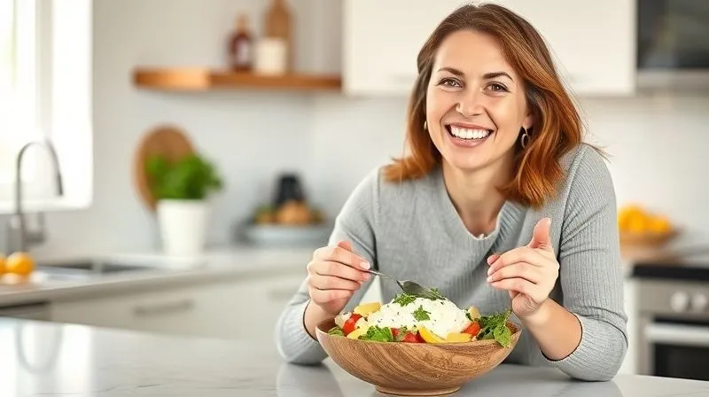 A woman in her mid-30s, smiling brightly, sitting at a modern kitchen counter happily eating a perfectly portioned bowl of cottage cheese with fresh, colorful vegetables and herbs. The scene is bright and airy, conveying health and satisfaction. photorealistic, professional photography, 8K, cinematic lighting, sharp focus, depth of field, shot on a high-end DSLR.