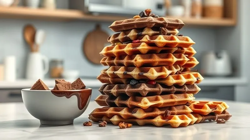 Photorealistic image of a large, overflowing stack of various protein waffles (some chocolate, some vanilla, some with fruit) on a kitchen counter, next to a small, empty bowl that looks like it should have contained a single, healthy portion. Cinematic lighting, sharp focus on the waffles, depth of field blurring the background of a modern kitchen. 8K hyper-detailed, professional photography, shot on a high-end DSLR.