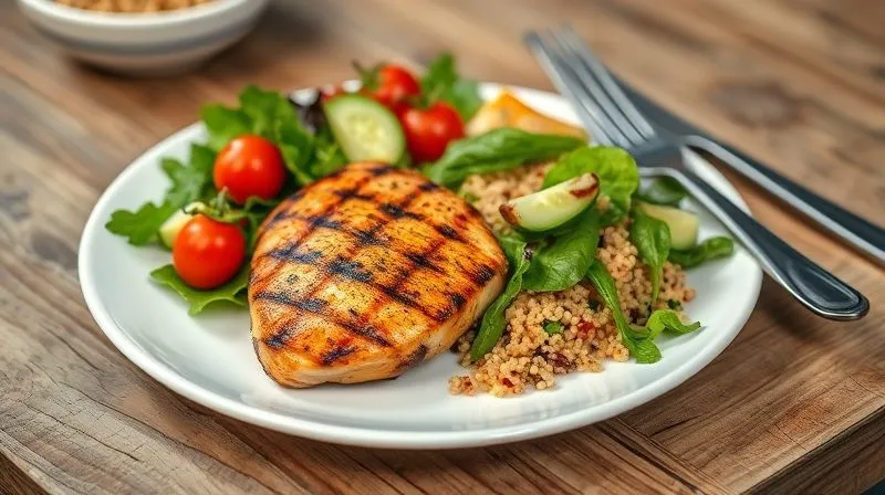 Photorealistic image of a perfectly balanced meal: a grilled chicken breast with a vibrant salad of mixed greens, cherry tomatoes, cucumber, and bell peppers, and a small portion of quinoa or brown rice. The meal is beautifully arranged on a white plate with cutlery, set on a rustic wooden table with soft, natural lighting. Sharp focus on the food, depth of field blurring the background. 8K hyper-detailed, professional photography, shot on a high-end DSLR.