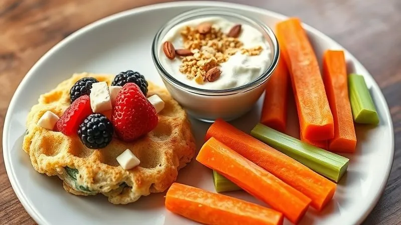Photorealistic image of a plate with three different healthy snack alternatives to protein waffles. One is a rice cake topped with cottage cheese and fresh berries, another is a small bowl of Greek yogurt with granola and sliced almonds, and the third is a few carrot and celery sticks with a small portion of hummus. All are presented beautifully with natural light, sharp focus, and a shallow depth of field. 8K hyper-detailed, professional photography, shot on a high-end DSLR.