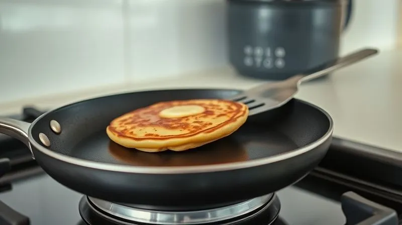 A photorealistic close-up of a non-stick pan on a stovetop, with a golden-brown vegan pancake being carefully flipped with a spatula. Steam is subtly rising, indicating the perfect cooking temperature. The background is a clean, modern kitchen. Professional photography, 8K, cinematic lighting, sharp focus, depth of field, shot on a high-end DSLR.