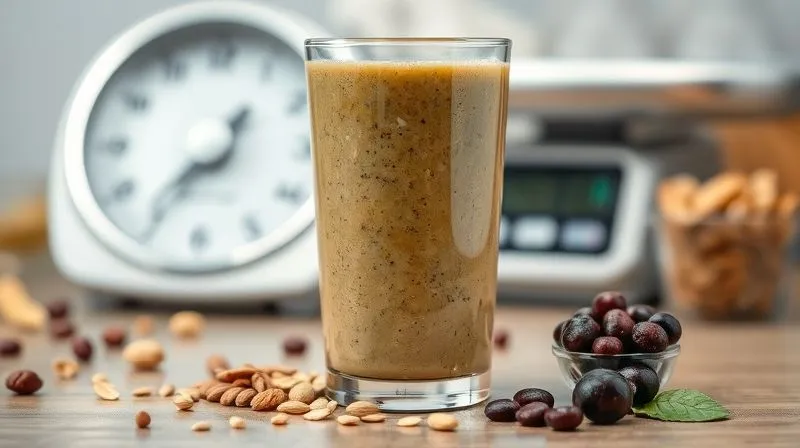 A photorealistic image showing a clear glass of vegan smoothie with various 'healthy' ingredients like nuts, seeds, and dried fruits visible, meticulously measured out in small, precise portions next to the glass. The background features a blurred kitchen scale, emphasizing the importance of accurate measurement. Professional photography, 8K, cinematic lighting, sharp focus on the ingredients, depth of field.