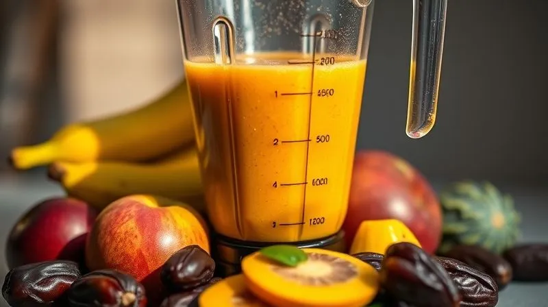 A photorealistic close-up of a blender filled with a vibrant, fruit-heavy vegan smoothie, with various high-sugar fruits like bananas, mangoes, and dates prominently displayed around it. The lighting is bright and inviting, but a subtle shadow or overlay of a calorie counter graphic (without actual text) hints at the hidden caloric density. Professional photography, 8K, cinematic lighting, sharp focus on the fruits and smoothie, depth of field.