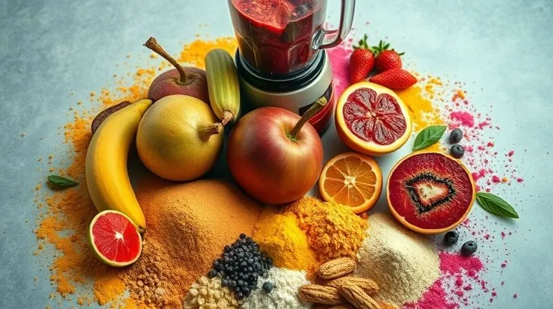 A photorealistic shot of a vibrant, but slightly confusing, array of 'superfood' powders and exotic fruits laid out around a blender. The composition should subtly convey a sense of information overload or misguided effort, with some elements looking overly processed or sugary. Professional photography, 8K, cinematic lighting, sharp focus on the superfoods, depth of field.