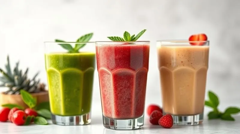 A photorealistic and inviting image of three distinct, beautifully presented low-calorie vegan smoothies. One is vibrant green, another a rich berry color, and the third a light tropical hue. Each is in a clear, elegant glass, adorned with a simple, healthy garnish like a mint leaf or a single berry. The setup should be clean and professional, suggesting freshness and health. Professional photography, 8K, cinematic lighting, sharp focus on the smoothies, depth of field.