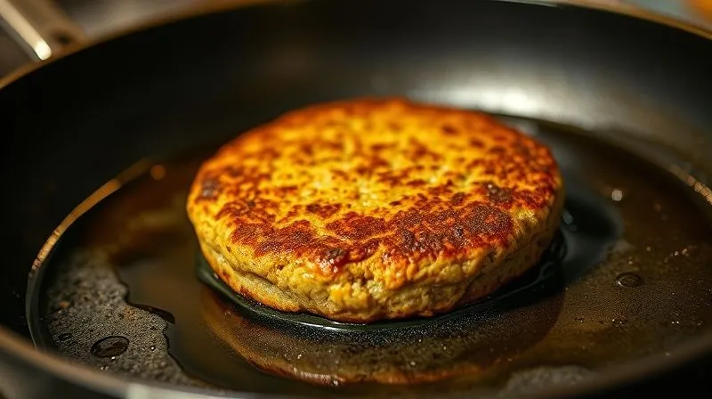 A close-up, photorealistic image of a golden-brown veggie patty sizzling in a pan with a visible pool of excessive oil, cinematic lighting highlighting the greasy texture, sharp focus on the patty, depth of field blurring the background of a kitchen stovetop, 8K hyper-detailed, shot on a high-end DSLR.