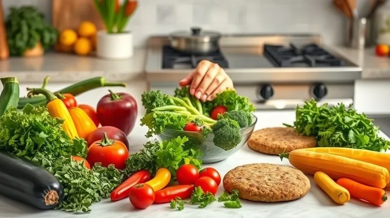 A bright, clean kitchen counter with a variety of fresh, colorful vegetables, legumes, and herbs laid out for preparing healthy veggie patties. A pair of hands is gently mixing ingredients in a bowl. Photorealistic, professional photography, 8K, cinematic lighting, sharp focus on the ingredients, depth of field blurring the background of a kitchen stovetop, 8K hyper-detailed, shot on a high-end DSLR.