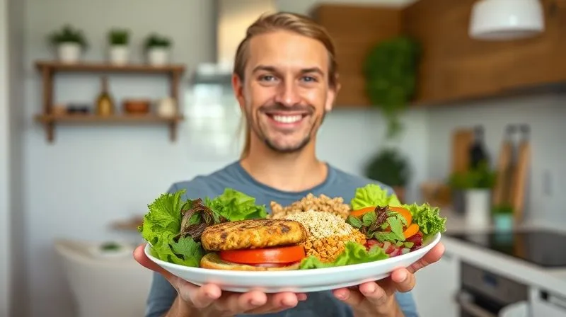 A person smiling confidently, holding a plate of colorful, balanced vegetarian meal (including a well-prepared veggie patty, fresh salad, and whole grains) in a bright, modern kitchen. The scene conveys health, happiness, and vitality. Photorealistic, professional photography, 8K, cinematic lighting, sharp focus on the person and plate, depth of field blurring the background, shot on a high-end DSLR.