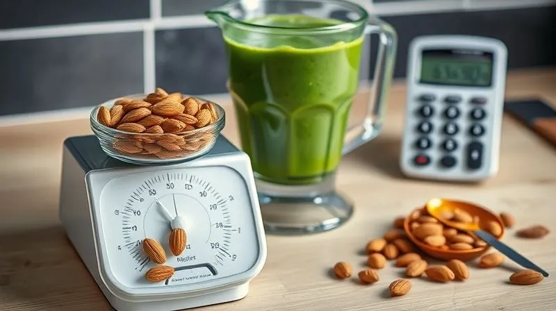 photorealistic, professional photography, 8K, cinematic lighting, sharp focus, depth of field, shot on a high-end DSLR image of a kitchen scale weighing a handful of almonds next to a measuring cup with green smoothie ingredients, with a calculator showing calorie count in the background, conveying precision and control.