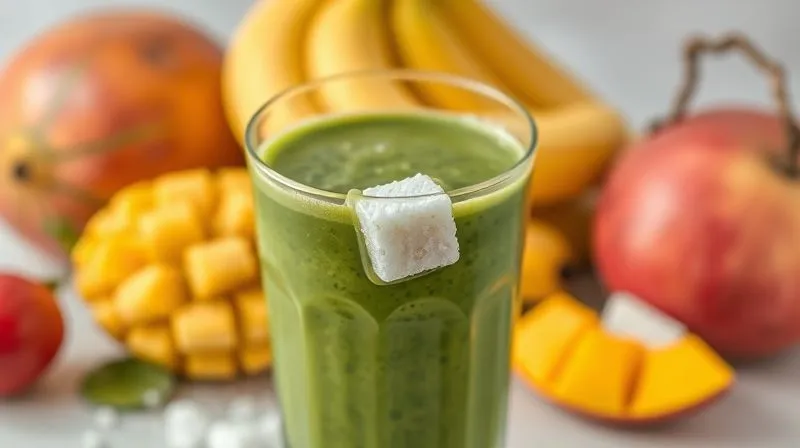 photorealistic, professional photography, 8K, cinematic lighting, sharp focus, depth of field, shot on a high-end DSLR image of a green smoothie in a glass with a sugar cube melting into it, subtly symbolizing hidden sugars. The background shows various sweet fruits like mango and banana, emphasizing their potential for high sugar content in smoothies.