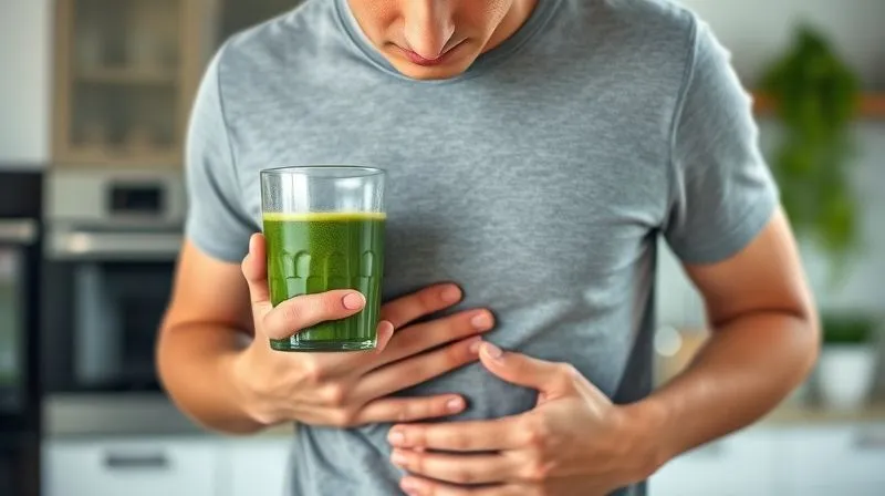 photorealistic, professional photography, 8K, cinematic lighting, sharp focus, depth of field, shot on a high-end DSLR image of a person gently touching their stomach after drinking a green smoothie, with a thoughtful or slightly concerned expression, symbolizing listening to body signals. The background is a clean, modern kitchen.