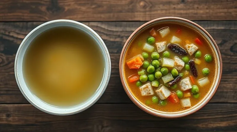 A photorealistic, professional photography image from a top-down view of two soup bowls on a wooden table. One bowl contains a thin, watery light soup with minimal visible ingredients. The second bowl contains a thick, hearty, visibly rich pea soup with lean protein pieces and various vegetables. Cinematic lighting, sharp focus on both bowls, depth of field blurring the background, 8K hyper-detailed, illustrating the difference between an unsatiating 'light' soup and a truly satisfying one.