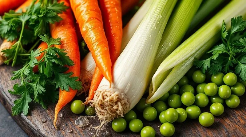 A photorealistic, professional photography close-up of a vibrant mix of fresh, raw vegetables, including carrots, celery, leeks, parsley, and green peas, arranged artfully on a dark wooden board, with water droplets visible on their surfaces. Cinematic lighting, sharp focus on the textures of the vegetables, depth of field blurring the background, 8K hyper-detailed, emphasizing freshness and natural fiber.