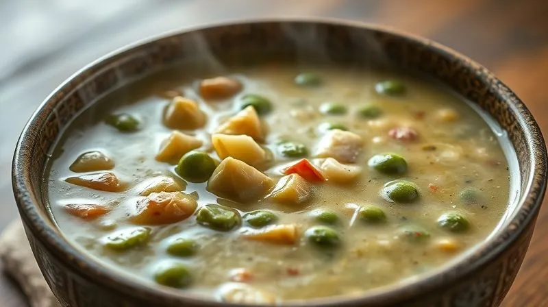 A photorealistic, professional photography image of a large, deep bowl of thick, creamy pea soup, with visible chunks of vegetables and lean protein, steam gently rising from the surface. The soup is presented in a way that emphasizes its hearty, satisfying texture. Cinematic lighting, sharp focus on the soup's surface and ingredients, depth of field blurring the background, 8K hyper-detailed, conveying a sense of warmth and fullness.
