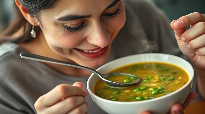 A photorealistic, professional photography image of a person mindfully eating a bowl of hearty, steaming pea soup, with a gentle smile of satisfaction. The person is holding a spoon, looking down at the soup, with a focus on their calm and engaged expression. Cinematic lighting, sharp focus on the person's face and the soup, depth of field blurring the background, 8K hyper-detailed, conveying a sense of peace and healthy eating habits.