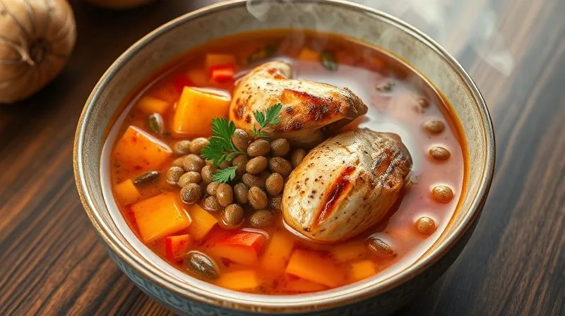 Photorealistic image of a bowl of vibrant vegetable soup with visible pieces of grilled chicken and lentils, steam rising, shot from an overhead angle, professional photography, 8K, cinematic lighting, sharp focus, depth of field.