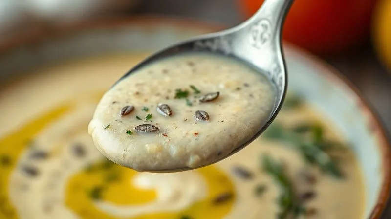 A close-up, photorealistic image of a spoonful of creamy vegetable soup, drizzled with olive oil and garnished with fresh herbs and a sprinkle of seeds. The spoon is slightly out of focus in the foreground, with the bowl of soup in sharp focus in the background. Professional photography, 8K, cinematic lighting, depth of field.