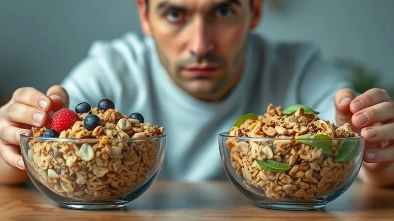 A photorealistic, professional photography of a confused person looking at two bowls of muesli, one clearly unhealthy with lots of sugar, the other looking healthy and balanced. Cinematic lighting, sharp focus, depth of field blurring the background, 8K hyper-detailed, shot on a high-end DSLR.