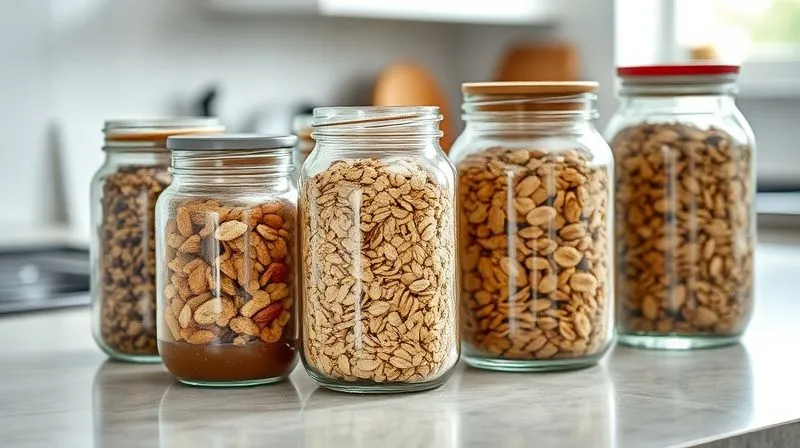 A photorealistic, professional photography of various glass jars filled with pre-portioned dry muesli ingredients (oats, nuts, seeds) on a clean kitchen counter, bathed in natural light, suggesting organized meal prep. Cinematic lighting, sharp focus, depth of field blurring the background, 8K hyper-detailed, shot on a high-end DSLR.