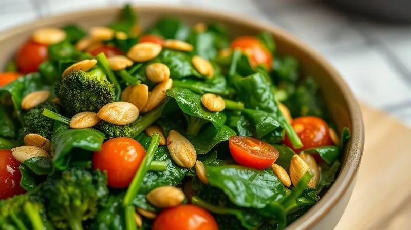 A close-up, photorealistic image of a vibrant green bowl of stewed spinach, generously mixed with colorful roasted broccoli florets, cherry tomatoes, and a sprinkle of golden toasted pumpkin seeds. The texture is rich and inviting. Cinematic lighting, sharp focus on the ingredients, depth of field blurring a clean kitchen counter. 8K hyper-detailed, professional photography, shot on a high-end DSLR.