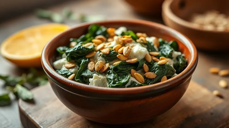 A professional studio shot of a rustic ceramic bowl filled with creamy stewed spinach and ricotta, garnished with a generous sprinkle of golden toasted pumpkin seeds and a twist of lemon zest. The lighting is soft and warm, creating a cozy and inviting atmosphere. Sharp focus on the texture of the spinach and ricotta, with a blurred background suggesting a gourmet kitchen. 8K hyper-detailed, professional photography, shot on a high-end DSLR.