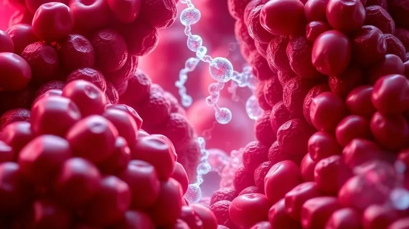 Photorealistic, detailed microscopic view of red bean cells, with abstract representations of complex sugar molecules (oligosaccharides) being broken down by enzyme-like structures. High-resolution, scientific illustration style, 8K, cinematic lighting, sharp focus, depth of field.