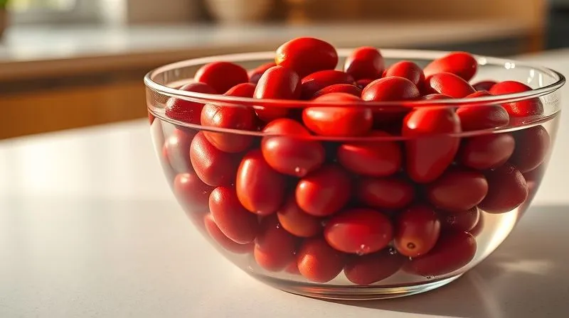 Photorealistic, professional photography, 8K, cinematic lighting, sharp focus, depth of field, shot on a high-end DSLR. A close-up shot of red kidney beans soaking in a clear glass bowl, submerged in water, with a few bubbles rising. The background is a clean, modern kitchen counter, suggesting preparation and health.
